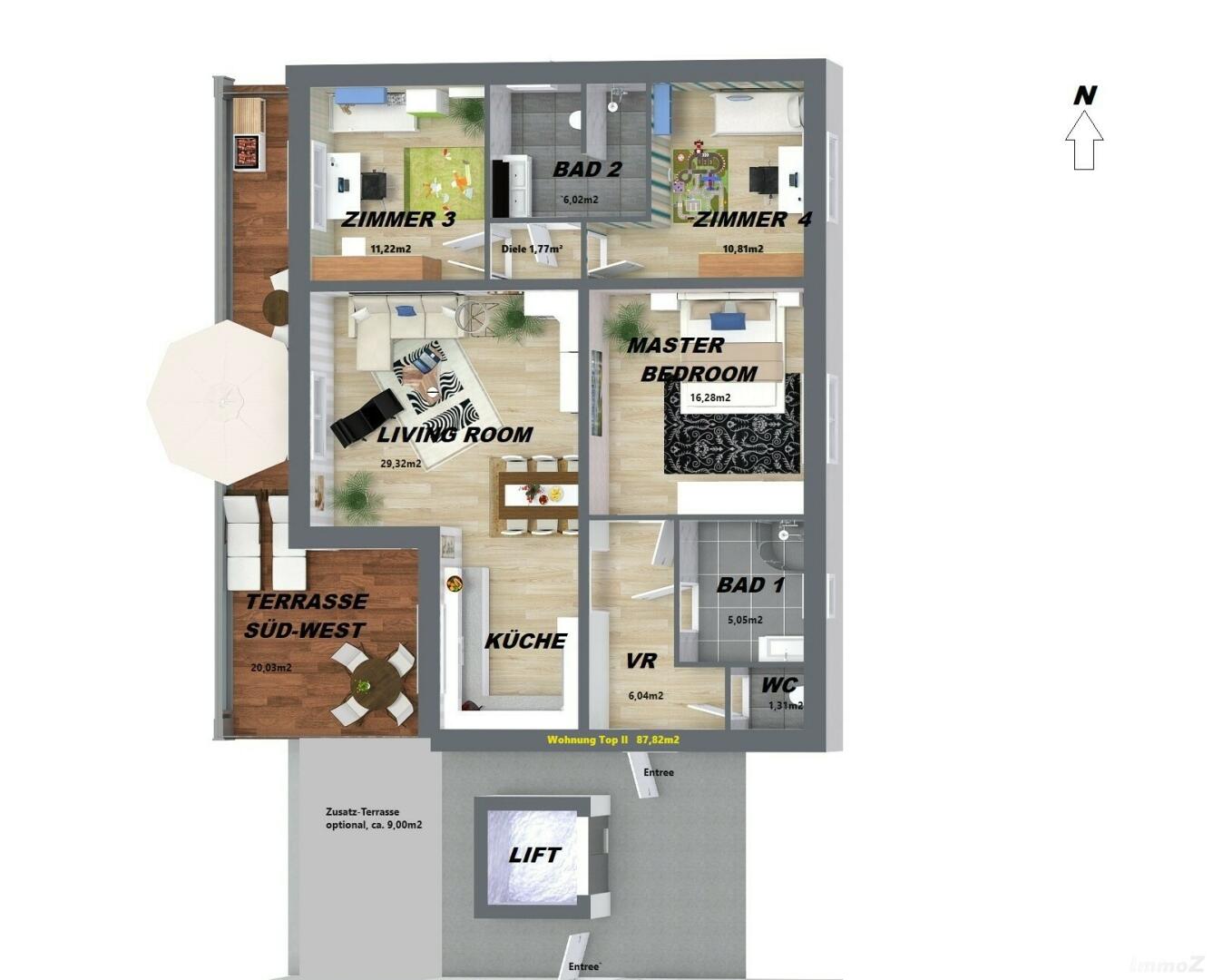 Wohnung zu kaufen: 8053 Graz - Terrassen Wohnung barr.frei - 1. Etage - 3D Floor Plan beschriftet +Größen in m2